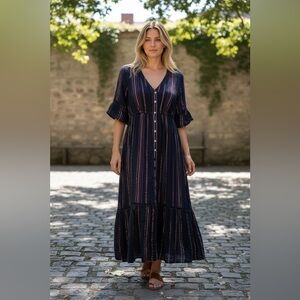 Anthropologie Sundry Navy Stripe Midi Dress | Metallic Lurex | Button Front |